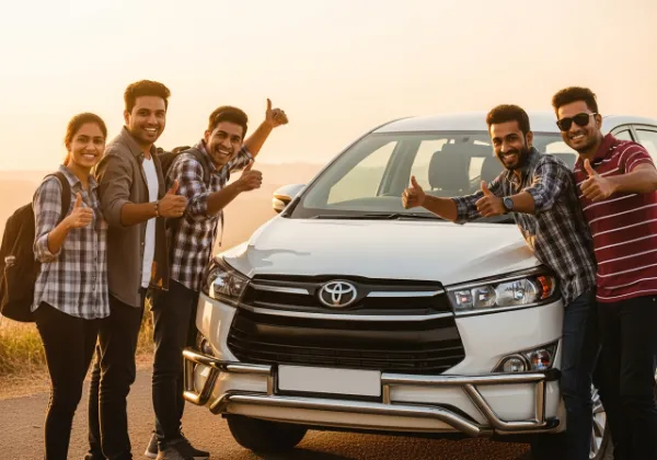 Happy travelers giving thumbs up next to a vehicle